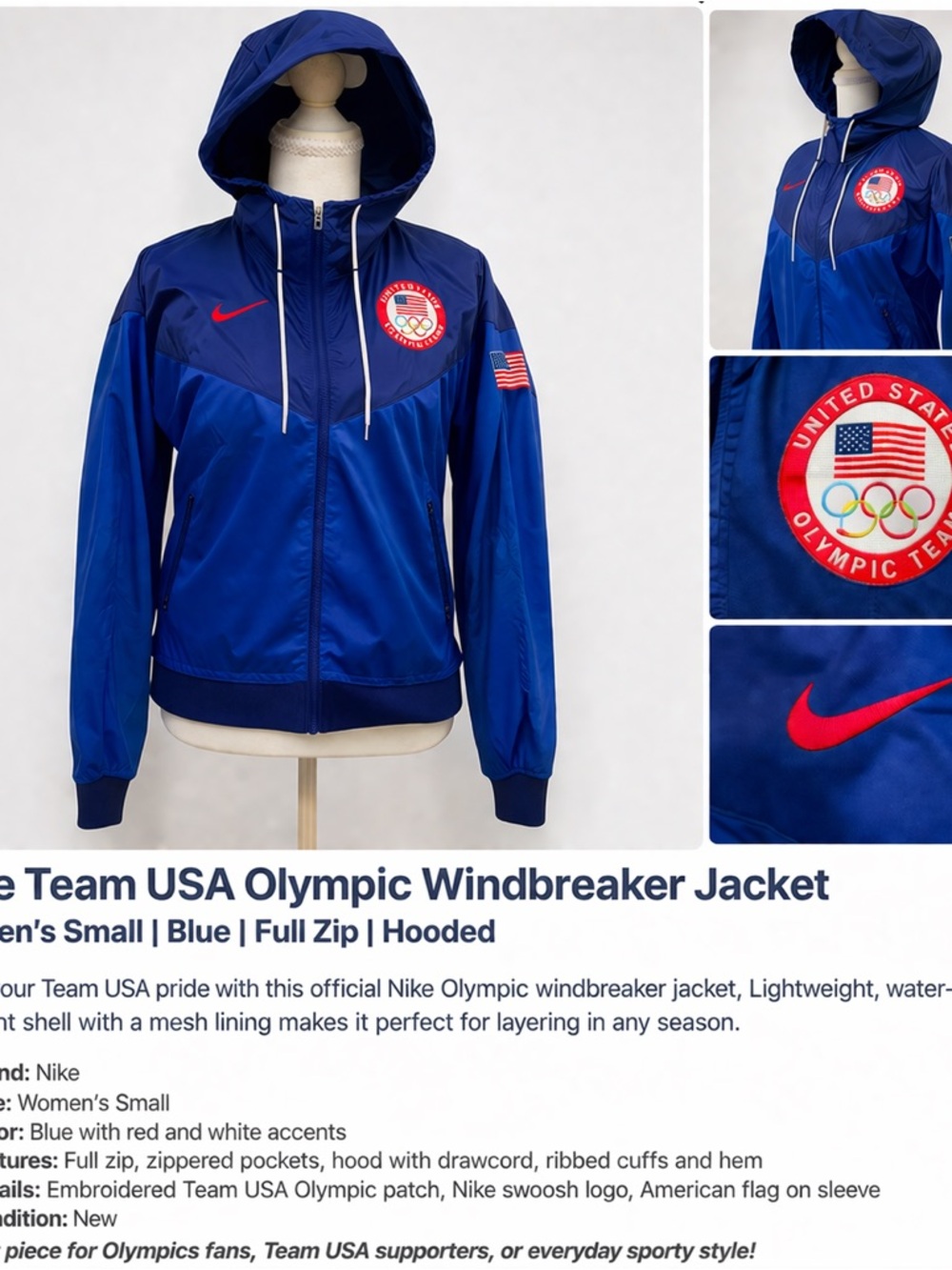 Nike Women’s Royal Blue Hooded Olympic Windbreaker Jacket with Red Accents